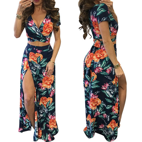 Vestido floral 2017 New Arrivals Women Sexy V-neck Split Skirts Two Pieces Sets Crop Tops+Long Skirts Sets Summer Boho Beach Two Pieces