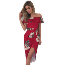 Sexy Womens Printing Dress Summer Holiday Slim Sheath Dress Asymmetrical Off Shoulder Sleeveless Wrap Knee Len gth Red Dress