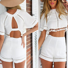 Two Set Piece Hollow Out Sexy Women Clothes Tassel Half Sleeve Casual Tops&Shorts Crop Top Beach Party Famale T-Shirt&Shorts