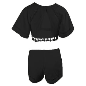 Two Set Piece Hollow Out Sexy Women Clothes Tassel Half Sleeve Casual Tops&Shorts Crop Top Beach Party Famale T-Shirt&Shorts