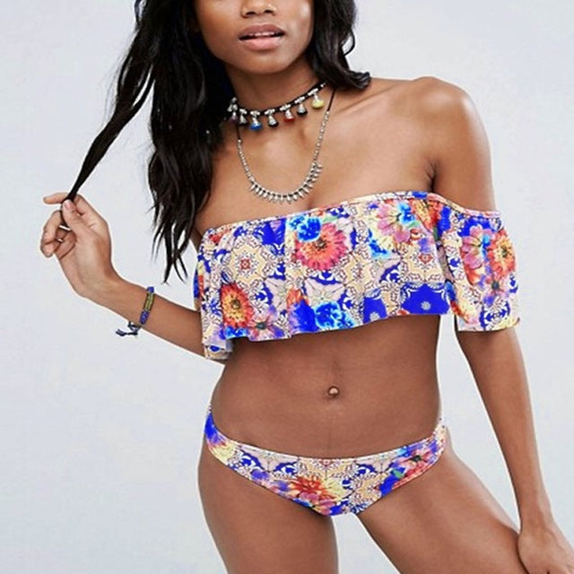 Women  Summer Beach Swimsuit Floral Print Sexy Off Shoulder Ruffles Tube Top Underwear Pool Party Swimwear Two PieceSets