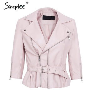 Simplee Zipper black PU faux leather coat jacket women Fashion basic  jacket women outwear coat Pocket  2017 winter moto jacket