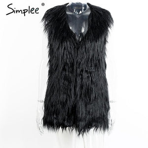 Simplee Fluffy black faux fur vest waistcoat Autumn winter sleeveless outerwear women coats Soft white hairy overcoat