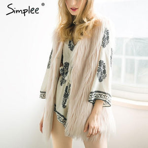 Simplee Fluffy black faux fur vest waistcoat Autumn winter sleeveless outerwear women coats Soft white hairy overcoat