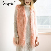 Simplee Fluffy black faux fur vest waistcoat Autumn winter sleeveless outerwear women coats Soft white hairy overcoat